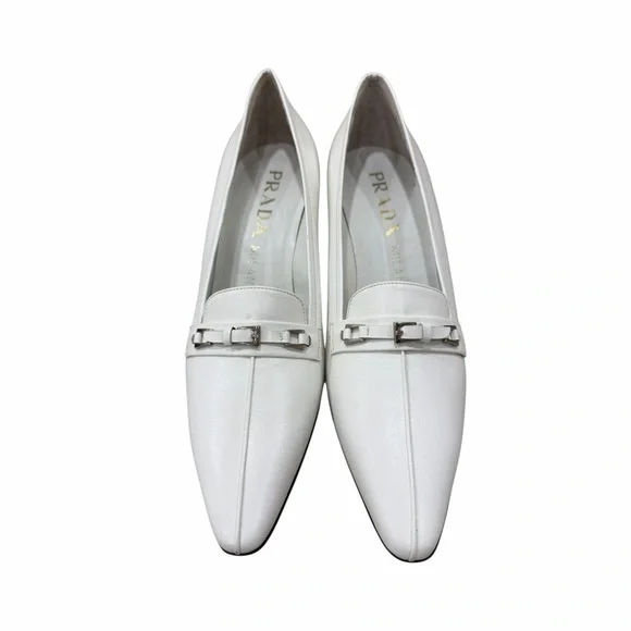 Prada Milano White Leather Kitten Heel Pumps Pointed Toe Size 38 - Picture 3 of 9